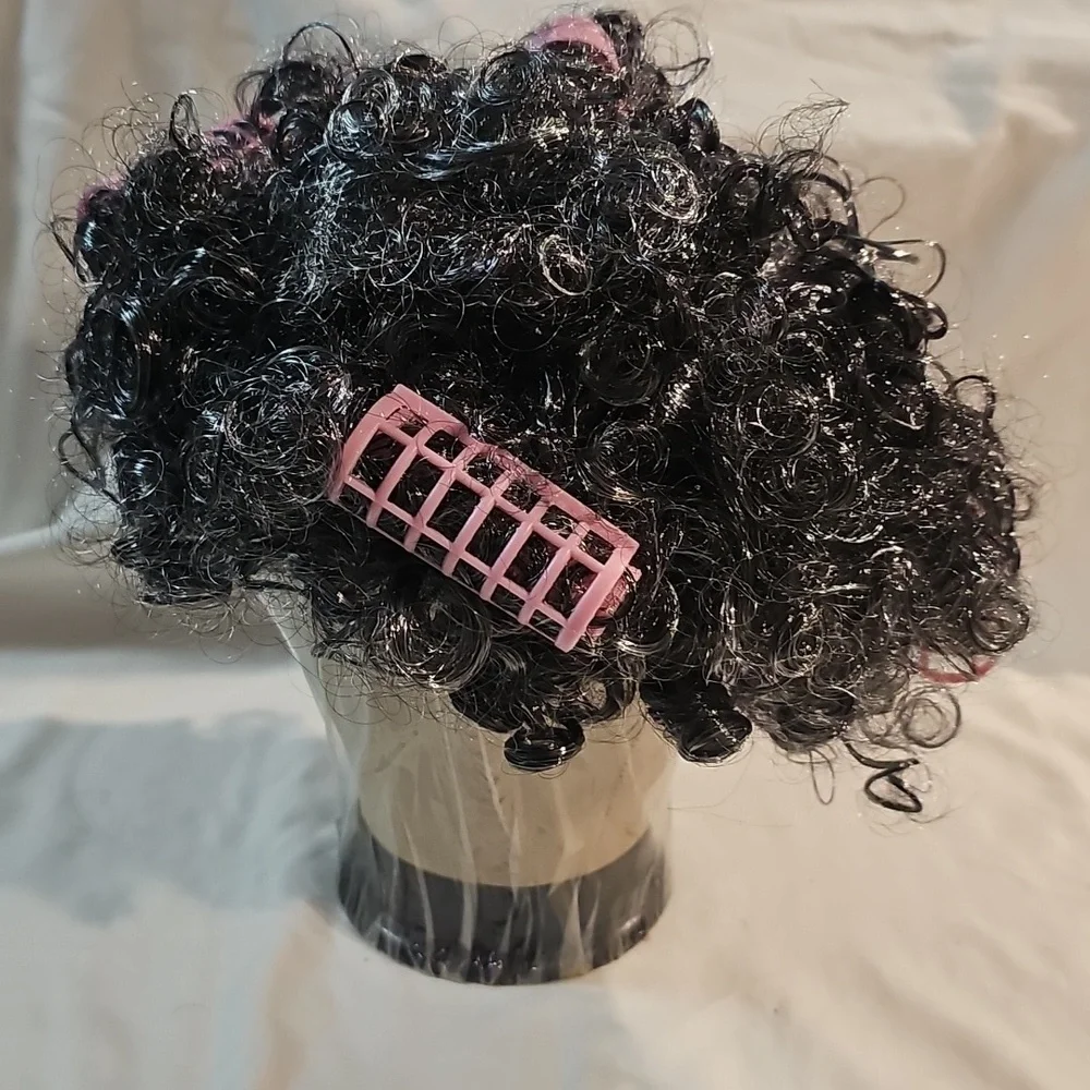 Curly Black (gray) Wig with Pink Hair Rollers, Eyeglasses, Necklace NWOT - Picture 2 of 15